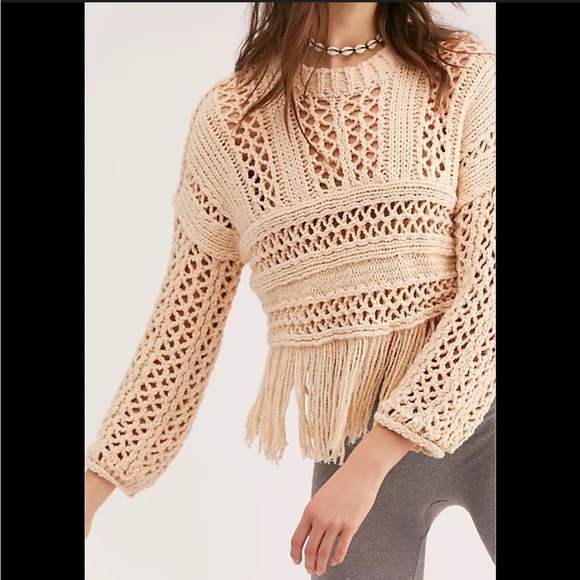 Free People Sweaters - Free People higher love medium Open-Knit Fringe Crochet Sweater in Cream